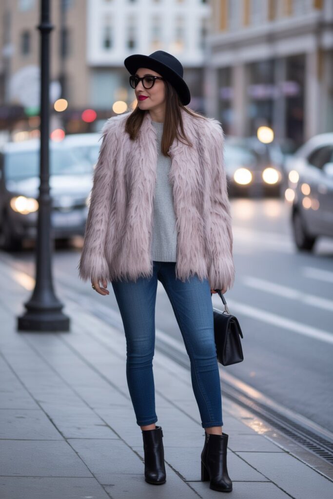 Faux Fur Coat + Skinny Jeans
