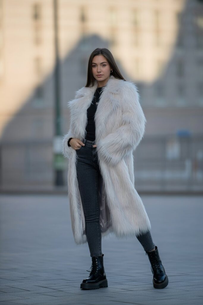 Faux Fur Coat + Skinny Jeans + Platform Boots
