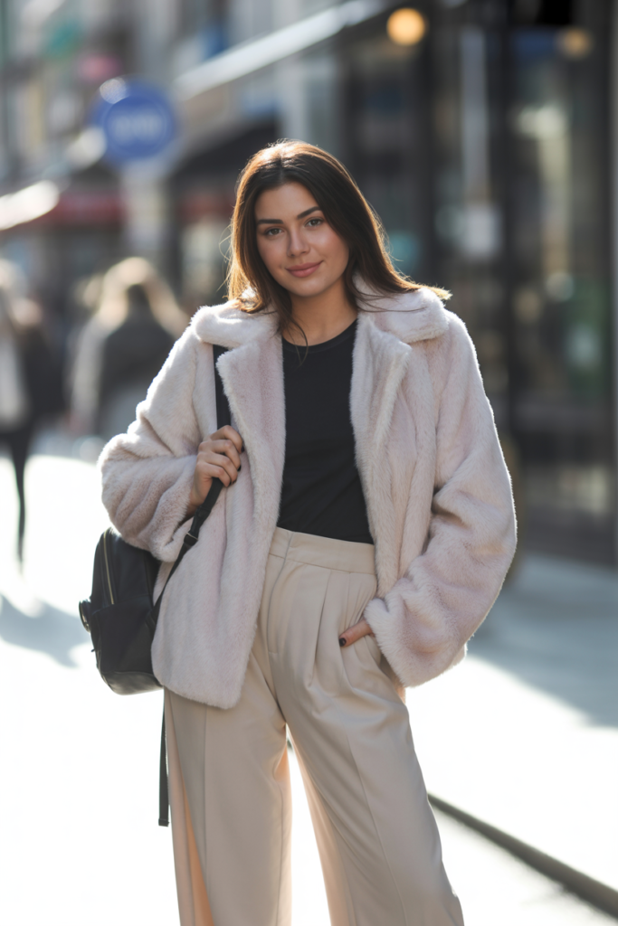 Faux Fur Coat + Wide-Leg Pants + Tee