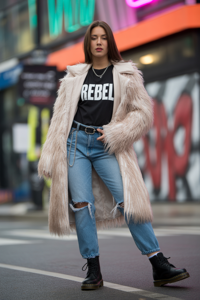 Faux Fur Jacket + Graphic Tee + Jeans