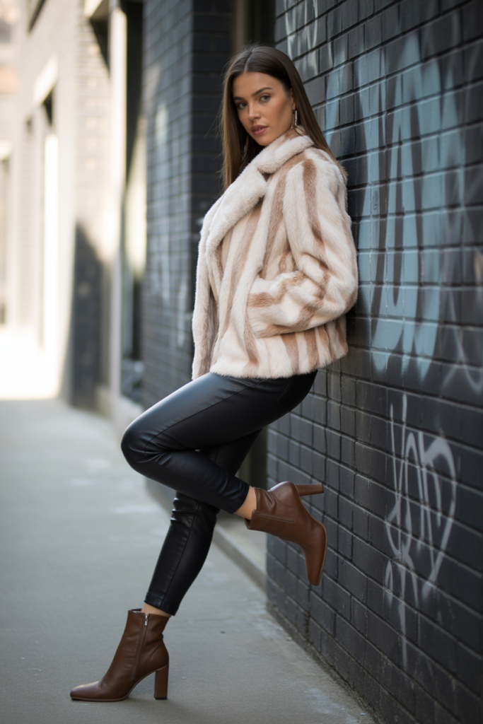 Faux Fur Jacket + Leather Pants + Ankle Boots