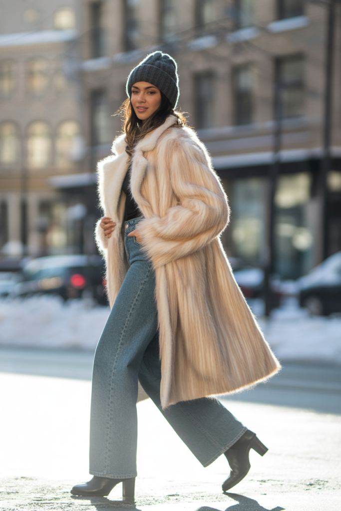 Faux Fur Trench + Wide-Leg Jeans + Knit Beanie
