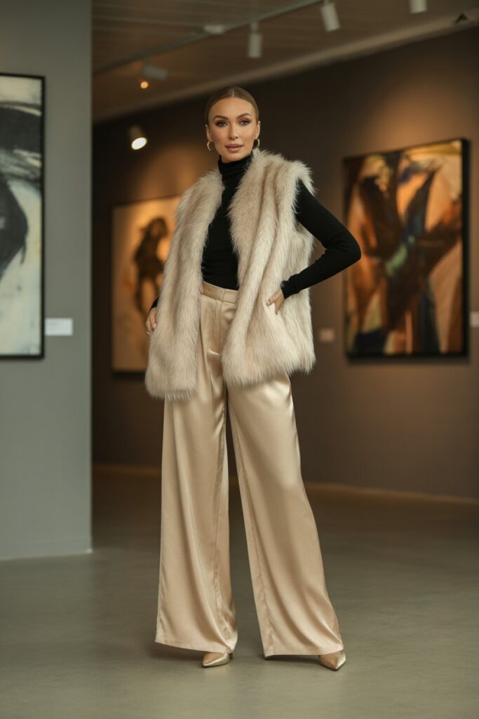 Faux Fur Vest + Satin Pants