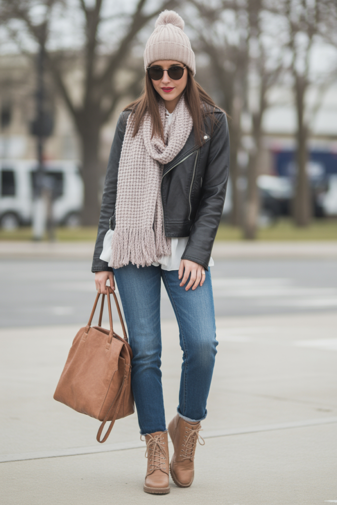 Faux Leather Jacket + Knit Scarf
