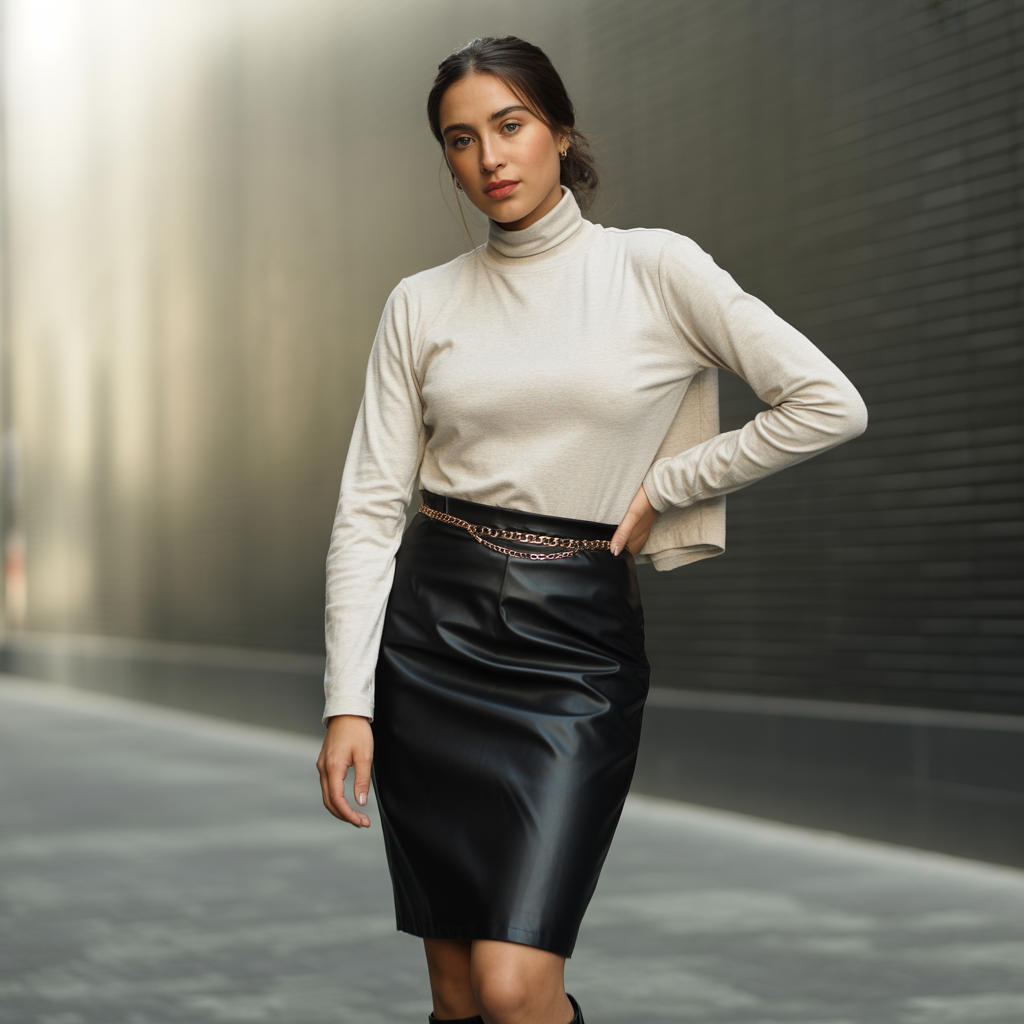Faux Leather Skirt with a Long-Sleeve Top