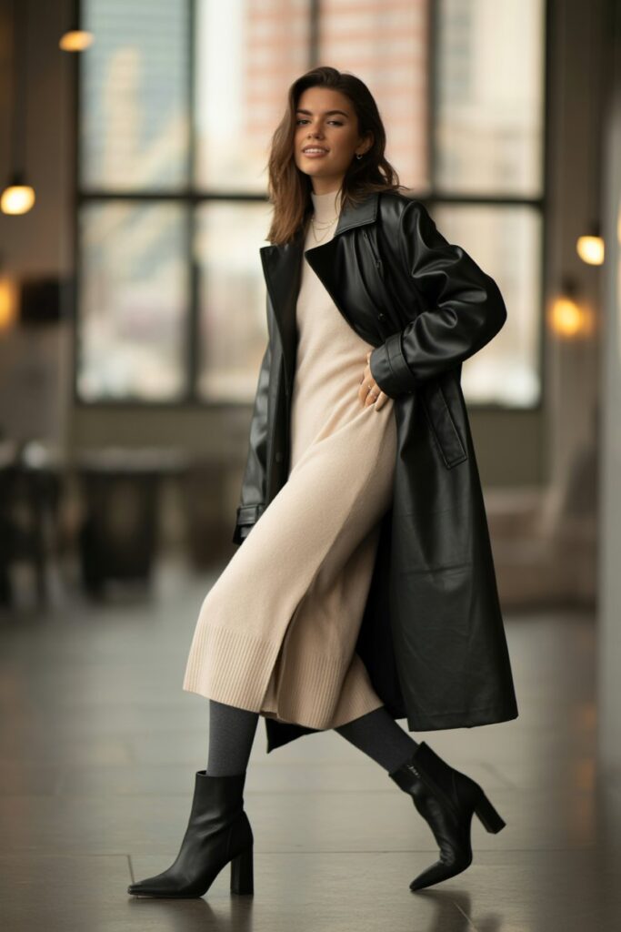 Faux Leather Trench + Knit Dress