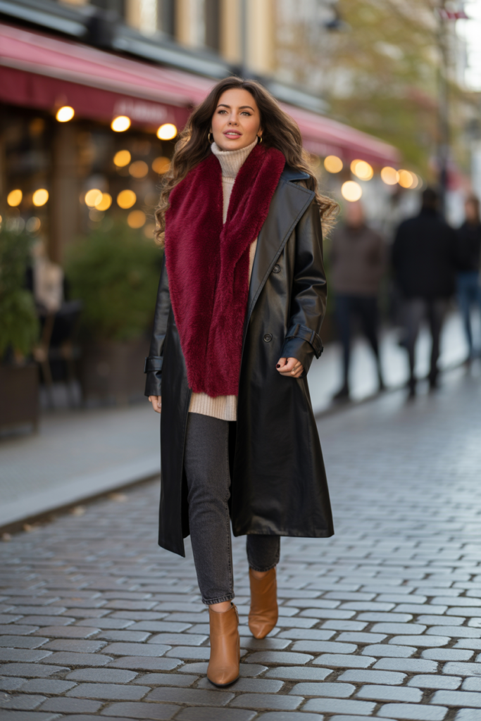 Faux Leather Trench + Scarf