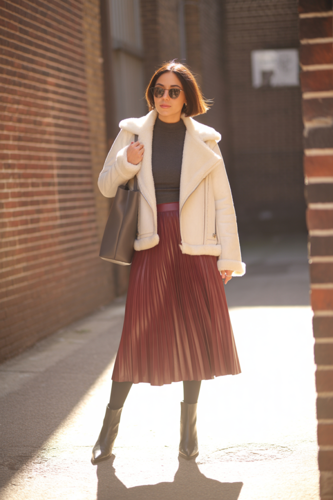 Faux Shearling Jacket + Knit Top + Midi Skirt + Tights