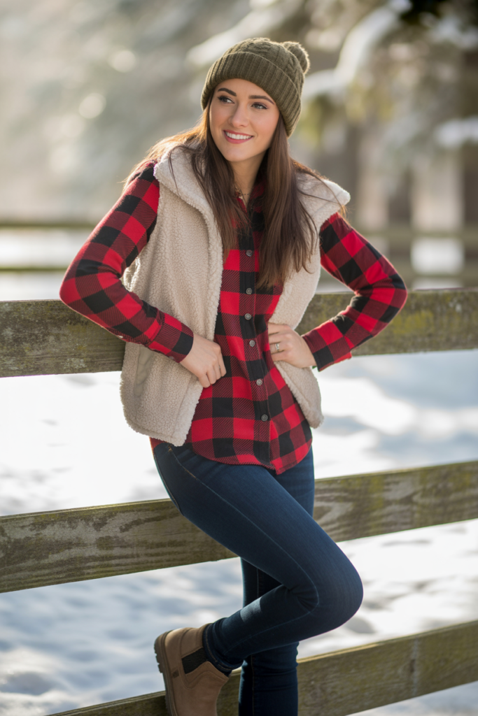 Flannel Shirt + Sherpa Vest + Skinny Jeans