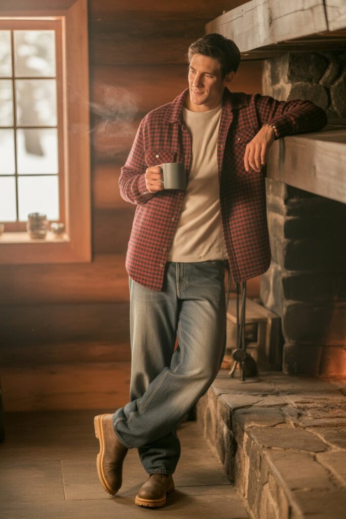 Flannel Shirt + Thermal Top + Relaxed Jeans For A Rustic Vibe