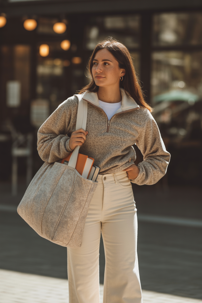 Flared Pants + Quarter-Zip Pullover + Tote