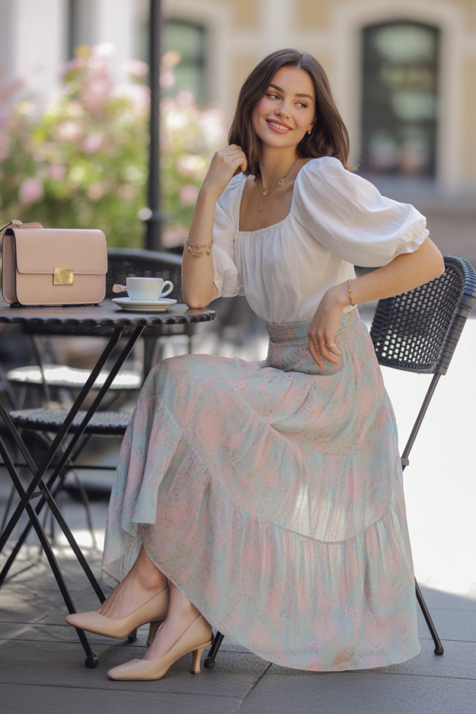 Floral Maxi Skirt + Puff Sleeve Blouse For Brunch Dates