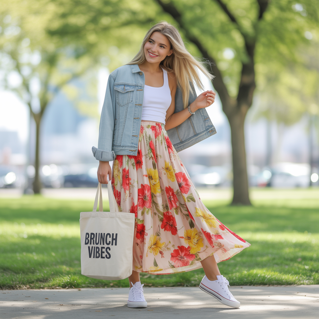 Floral Maxi Skirt with a Denim Jacket