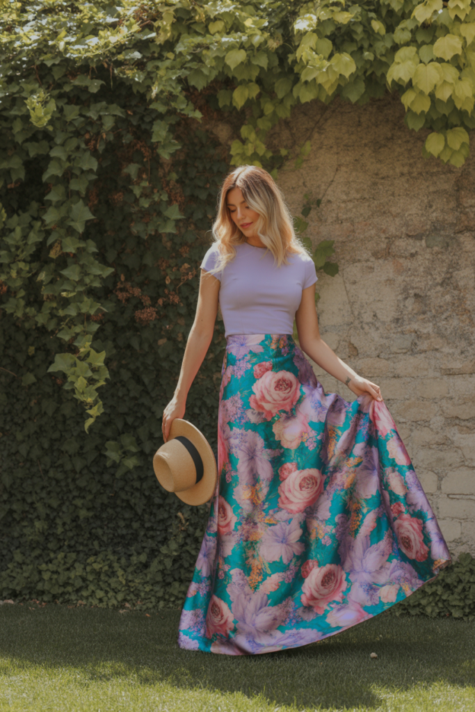 Floral Silk Skirt With Solid Top