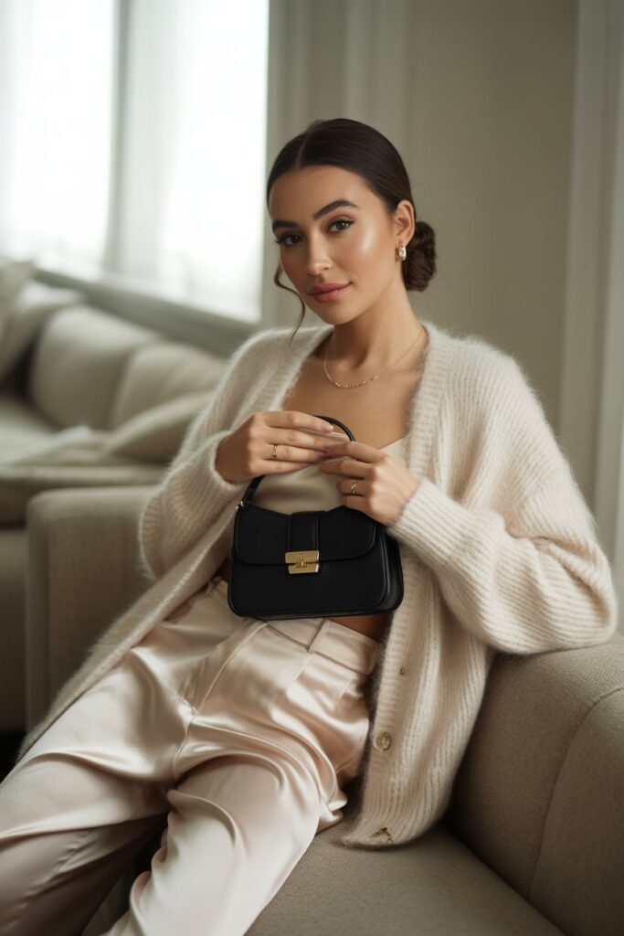 Fluffy Cardigan + Satin Pants + Structured Bag