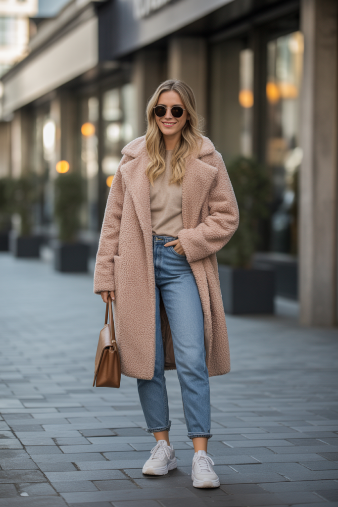 Fluffy Teddy Coat + Straight-Leg Jeans