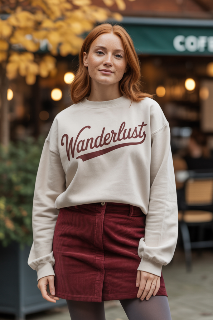 Graphic Crewneck + Corduroy Skirt + Tights