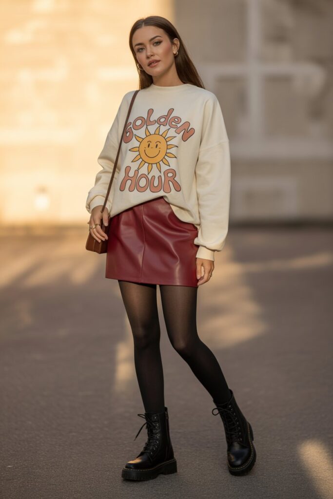 Graphic Sweater + Leather Skirt For Casual-Cute