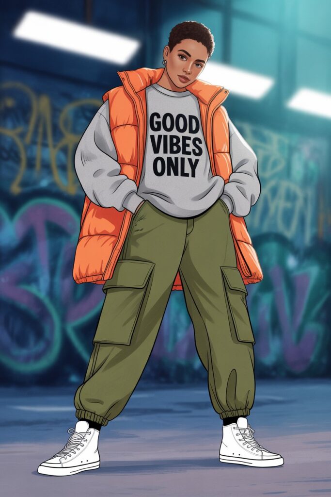 Graphic Sweatshirt + Cargo Pants + Sneakers