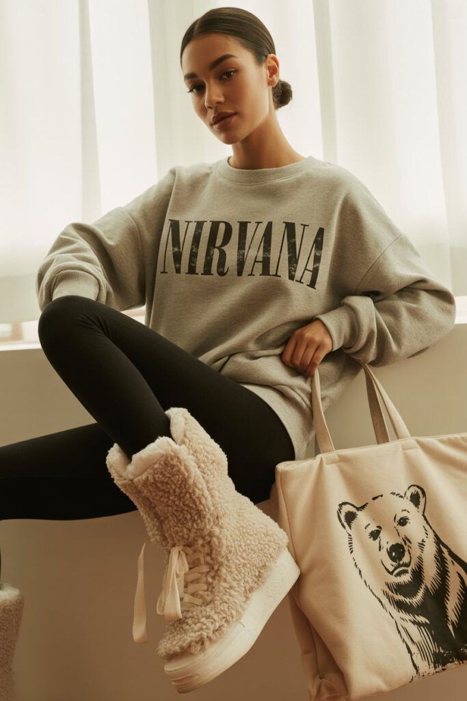Graphic Sweatshirt + Leggings + Sherpa-Lined Sneakers