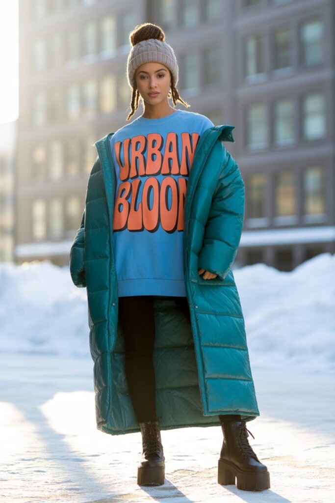 Graphic Sweatshirt + Maxi Puffer + Beanie