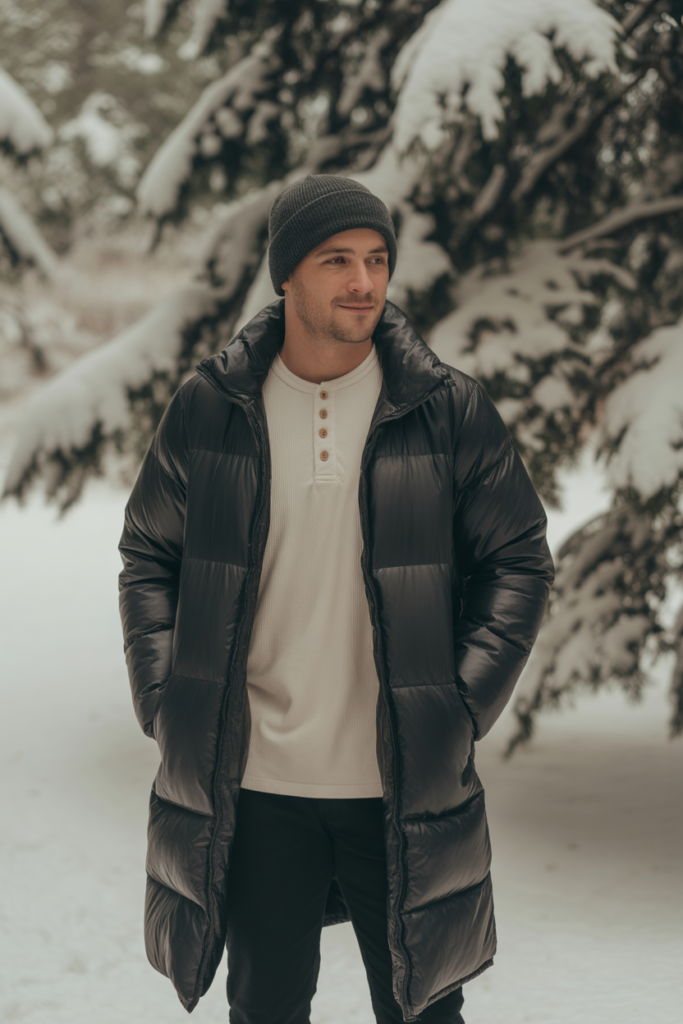 Henley Shirt + Longline Puffer Coat + Beanie