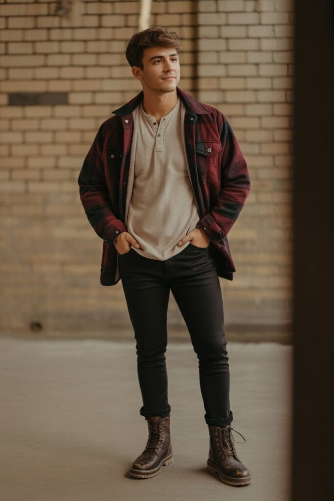 Henley Shirt + Shacket + Black Jeans