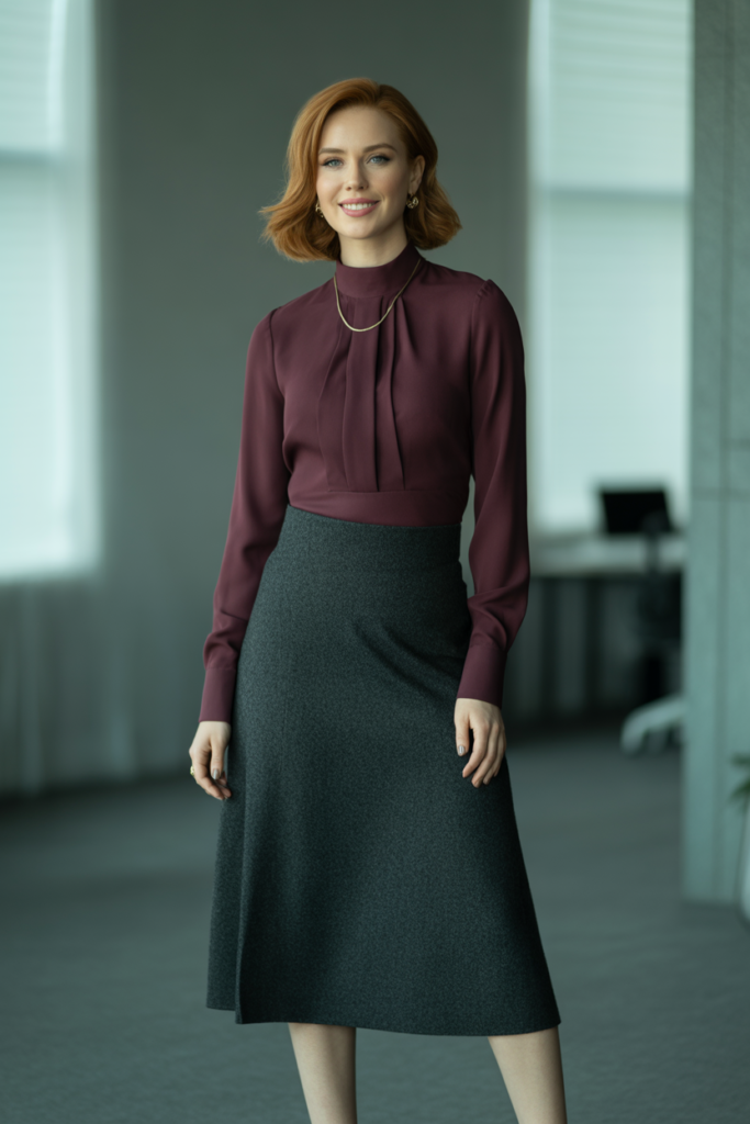 High-Neck Blouse + Wool Skirt