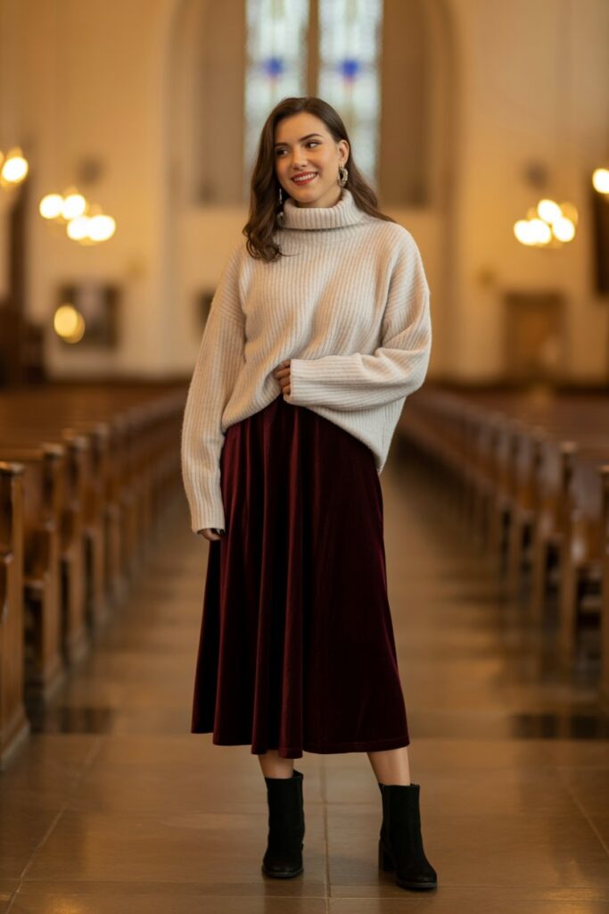 High-Neck Knit + Velvet Skirt
