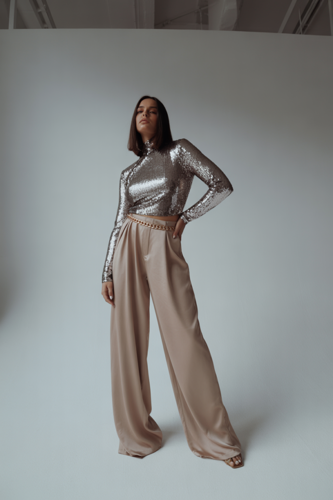 High-Neck Sequin Top + Satin Trousers + Chain Belt For Modern Sparkle