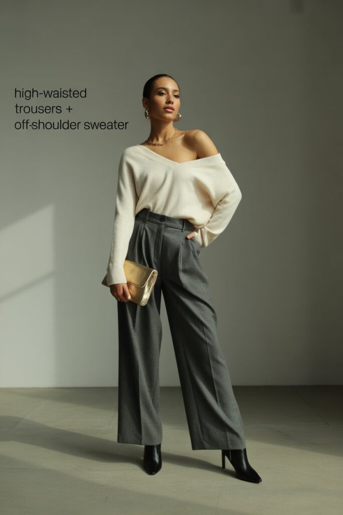 High-Waisted Trousers + Off-Shoulder Sweater