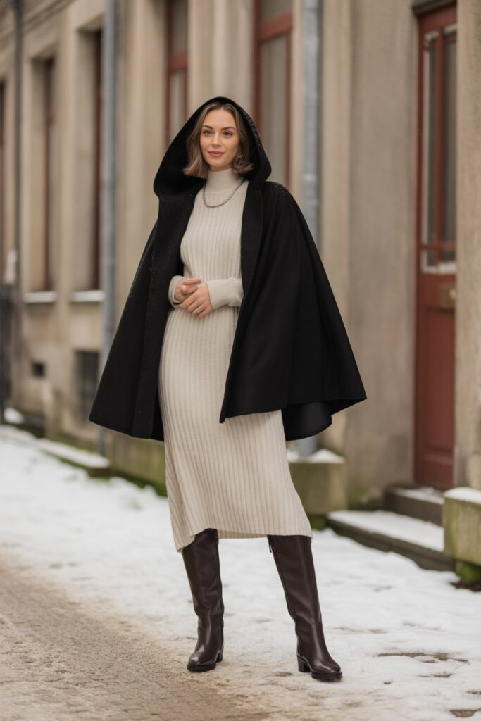 Hooded Cape + Midi Dress + Tall Boots