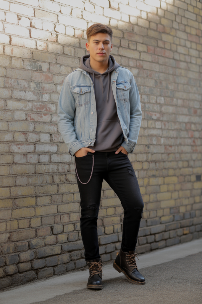 Hoodie + Denim Jacket + Black Jeans
