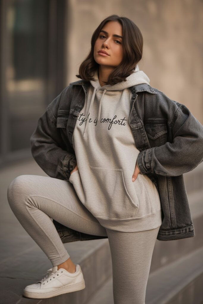 Hoodie + Denim Jacket + Fleece-Lined Leggings
