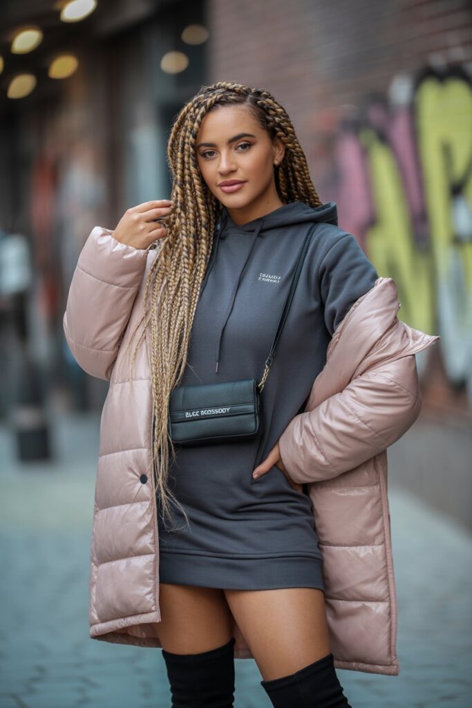 Hoodie Dress + Thigh-High Boots + Crossbody