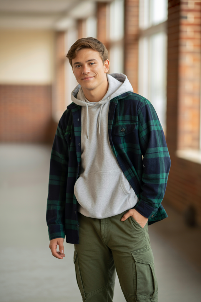 Hoodie + Flannel Shirt + Cargo Pants