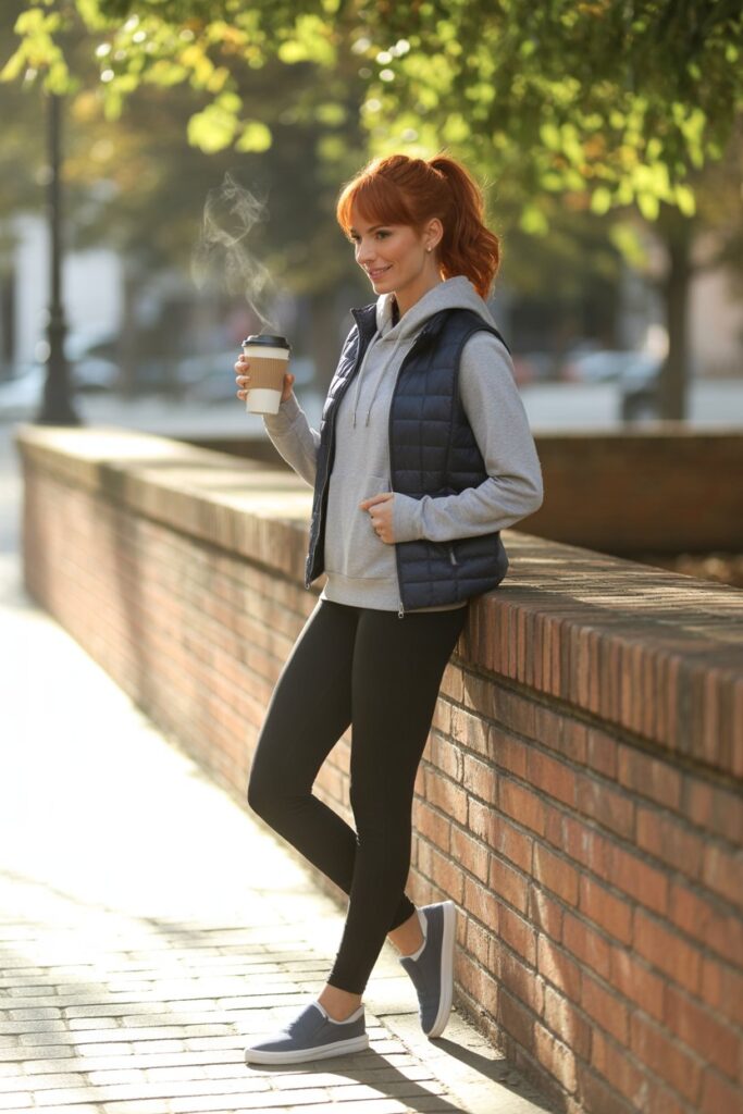 Hoodie + Quilted Vest + Leggings For A Sporty Look