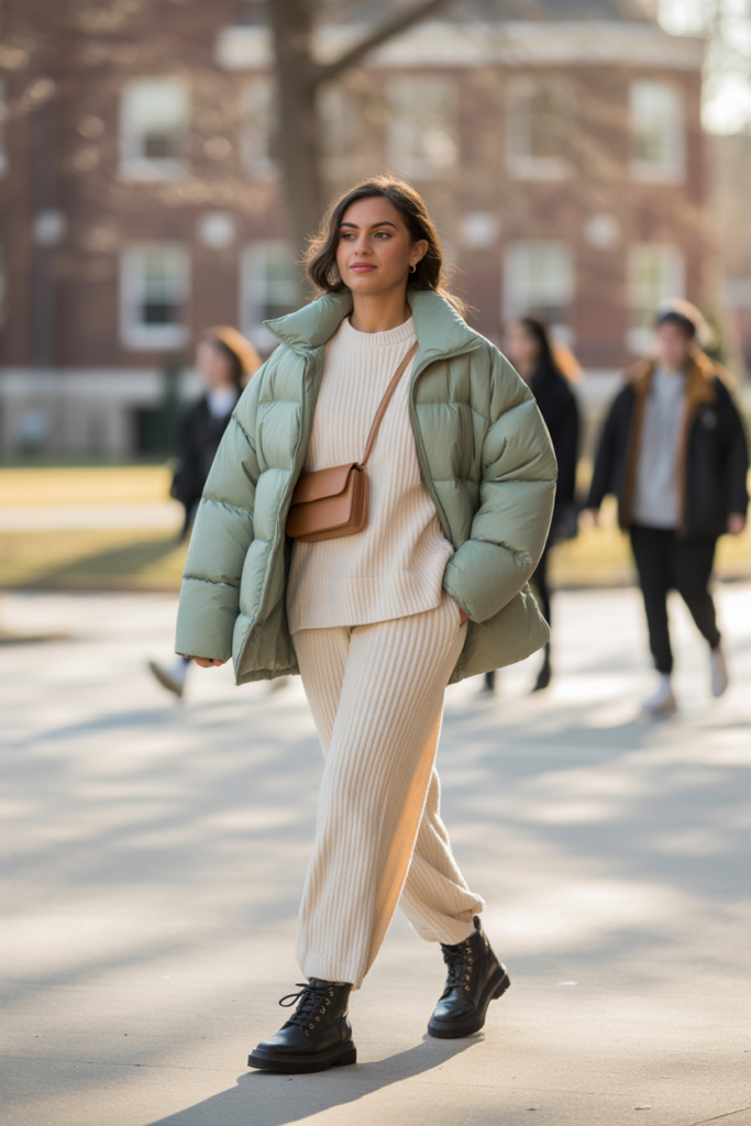 Knit Co-Ord Set + Puffy Jacket + Boots