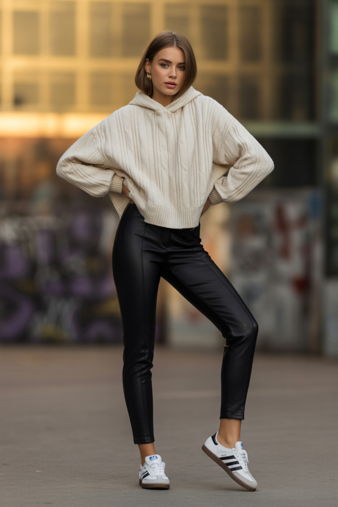 Knit Hoodie + Faux Leather Pants + Sneakers