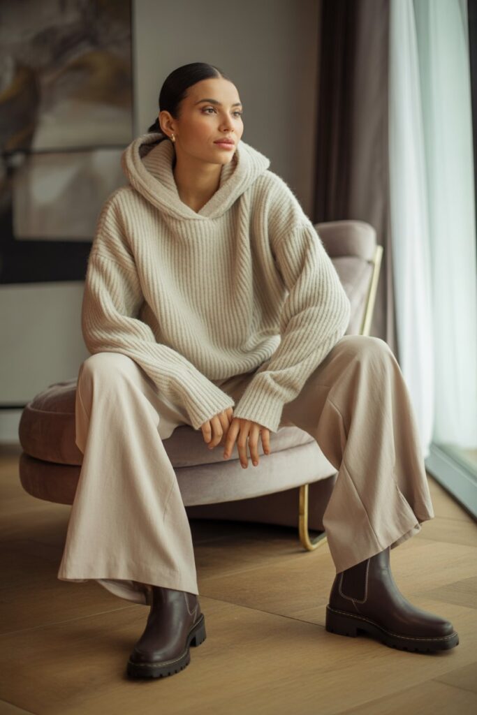 Knit Hoodie + Wide-Leg Trousers + Chelsea Boots For Smart-Casual Days