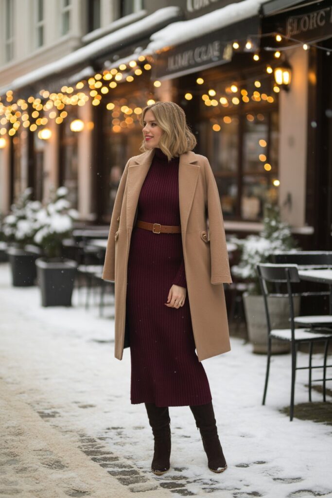 Knit Midi Dress + Knee-High Boots + Belted Coat