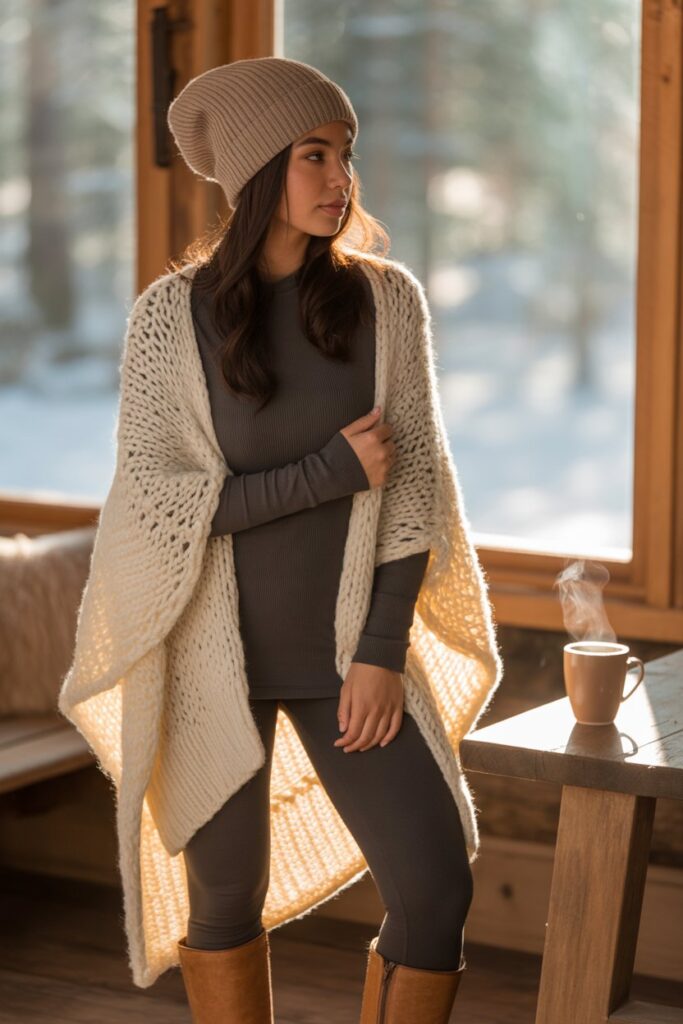 Knit Poncho + Thermal Top + Leggings