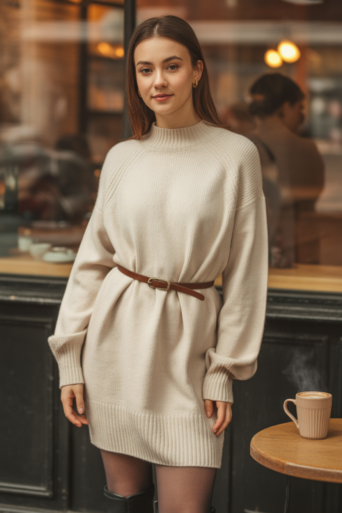 Knit Sweater Dress + Tights + Ankle Boots