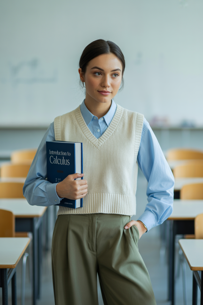 Knit Vest + Button-Down + Wide-Leg Trousers