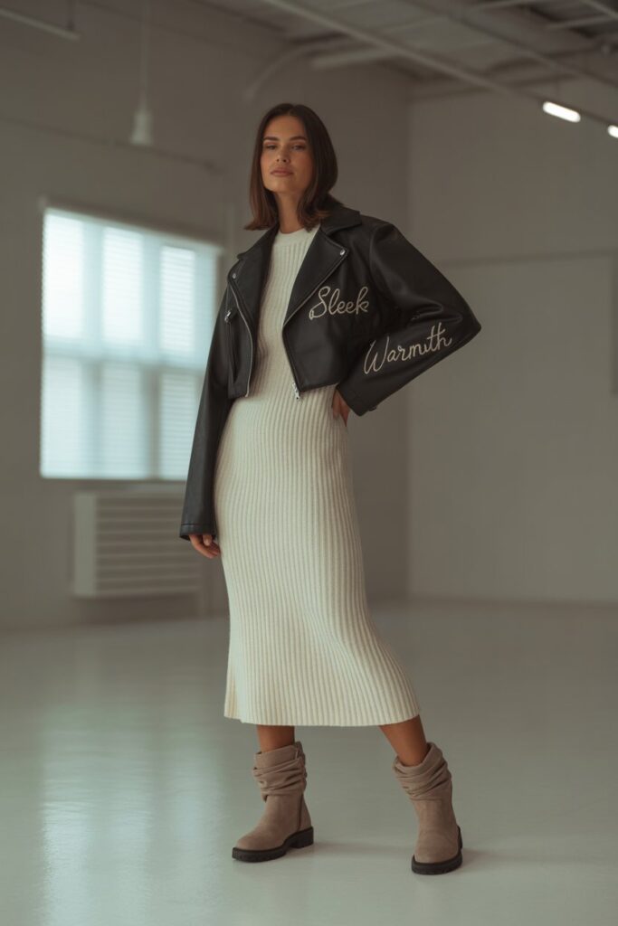 Knitted Midi Dress + Cropped Jacket + Slouchy Boots For Sleek Warmth