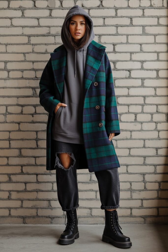 Layered Hoodie + Plaid Coat