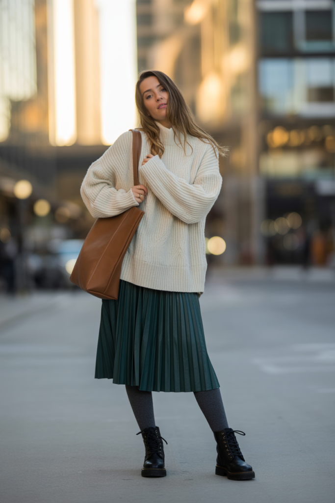 Layered Knitwear + Midi Skirt + Tights
