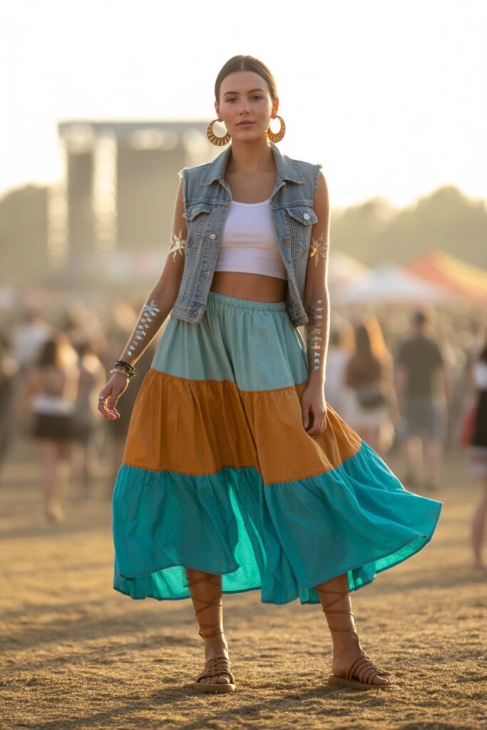 Layered Skirt + Denim Vest For Festival Ready Fashion