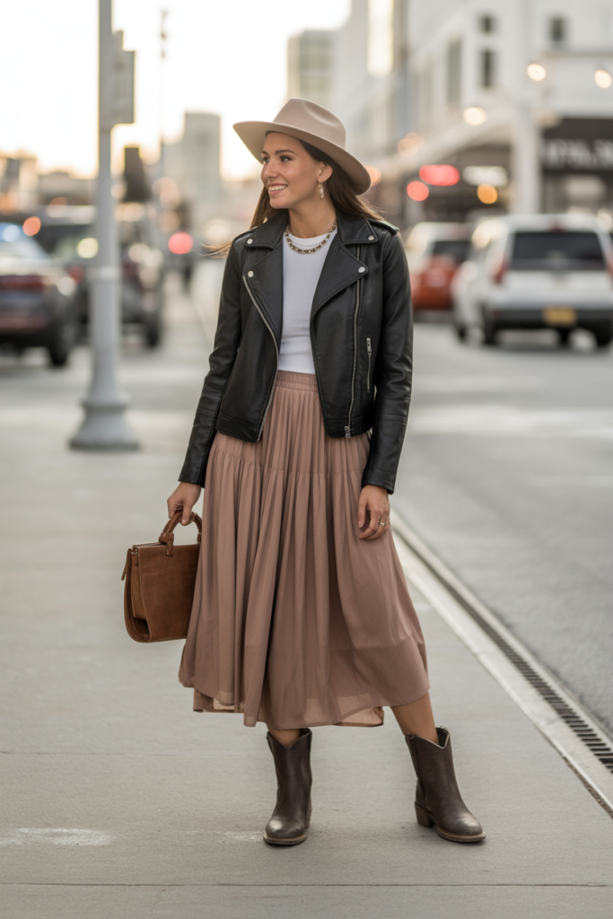 Leather Jacket + Midi Skirt