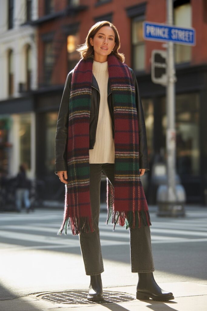 Leather Jacket + Oversized Scarf
